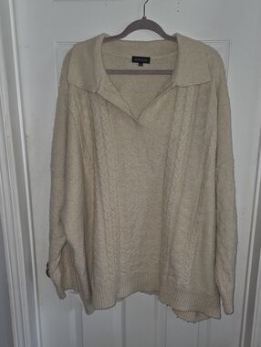Warehouse One Cream Cable-Knit Collared V-Neck Sweater